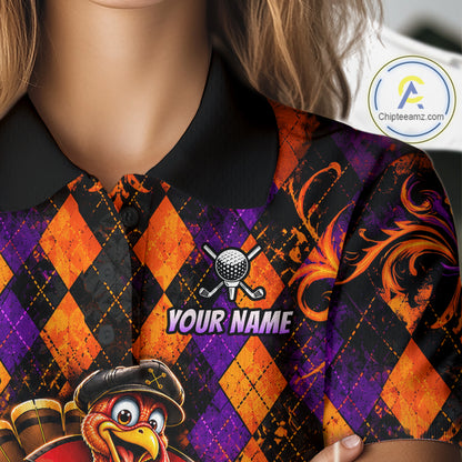 Custom Orange Purple Argyle Turkey Golf Polo Shirt For Women Funny Thanksgiving Golf Team Jersey NYN4934