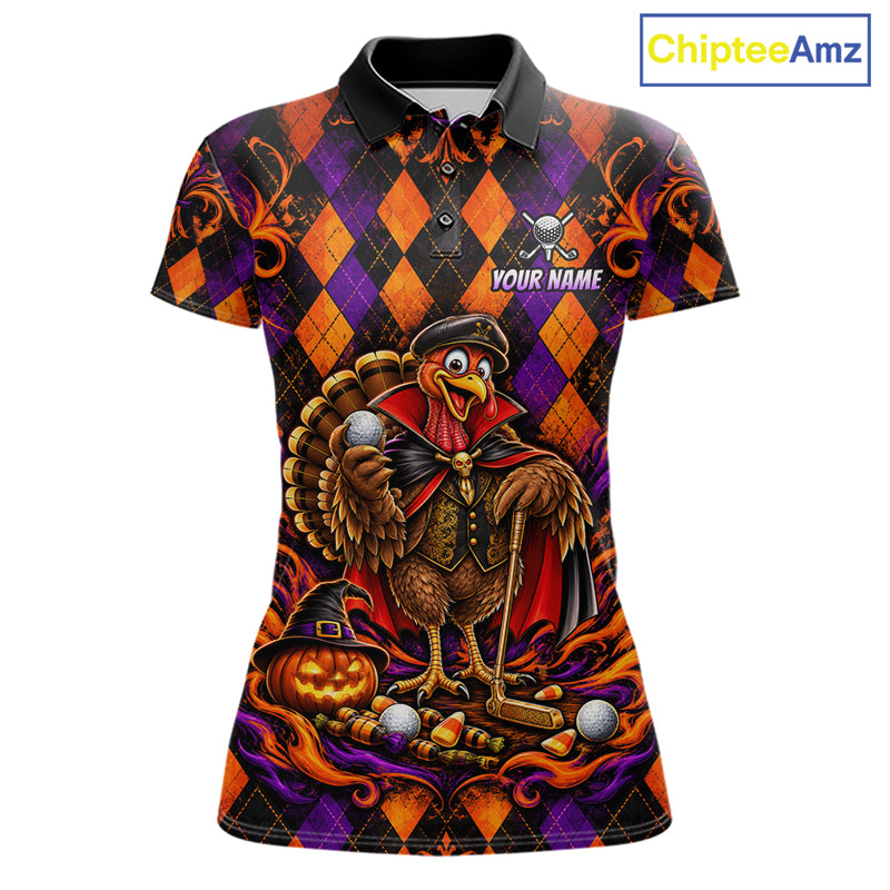 Custom Orange Purple Argyle Turkey Golf Polo Shirt For Women Funny Thanksgiving Golf Team Jersey NYN4934