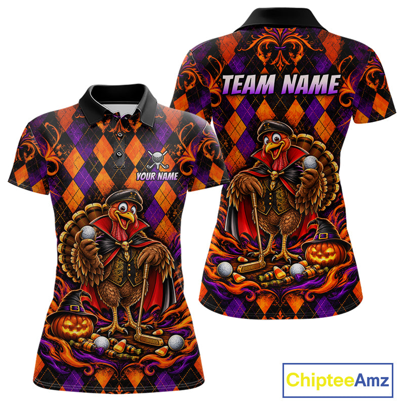 Custom Orange Purple Argyle Turkey Golf Polo Shirt For Women Funny Thanksgiving Golf Team Jersey NYN4934