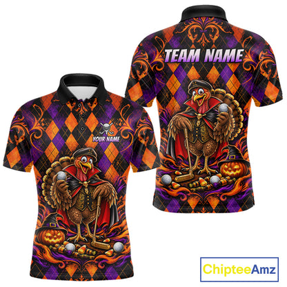Custom Orange Purple Argyle Turkey Golf Polo Shirt For Men Funny Thanksgiving Golf Team Jersey NYN4934