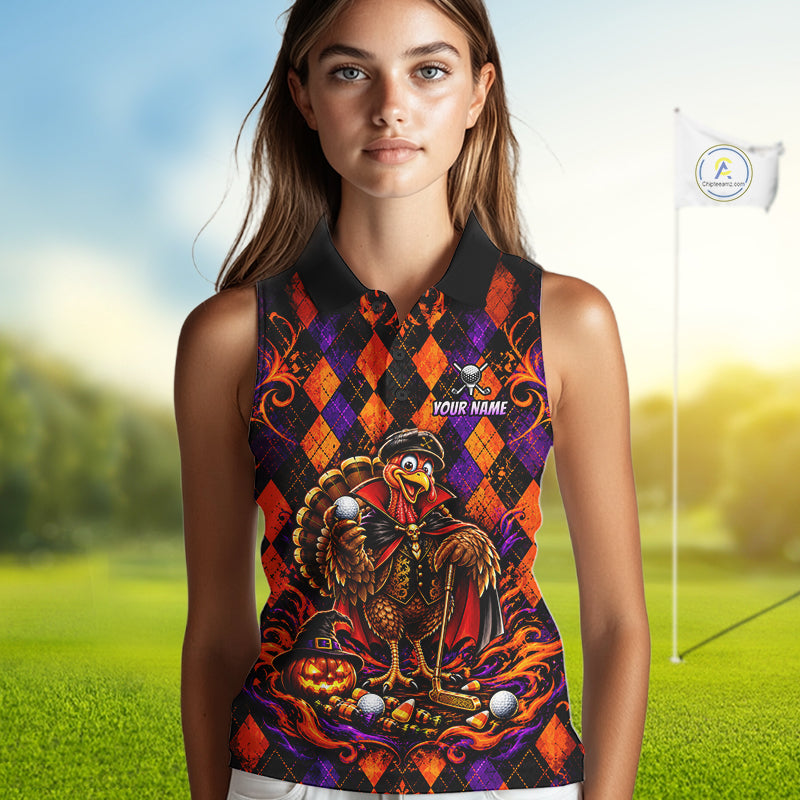 Custom Orange Purple Argyle Turkey Golf Sleeveless Polo Shirt For Women Funny Thanksgiving Golf Team Jersey NYN4934