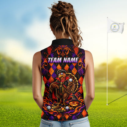 Custom Orange Purple Argyle Turkey Golf Sleeveless Polo Shirt For Women Funny Thanksgiving Golf Team Jersey NYN4934