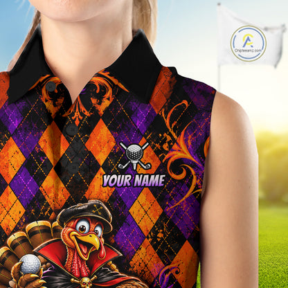 Custom Orange Purple Argyle Turkey Golf Sleeveless Polo Shirt For Women Funny Thanksgiving Golf Team Jersey NYN4934