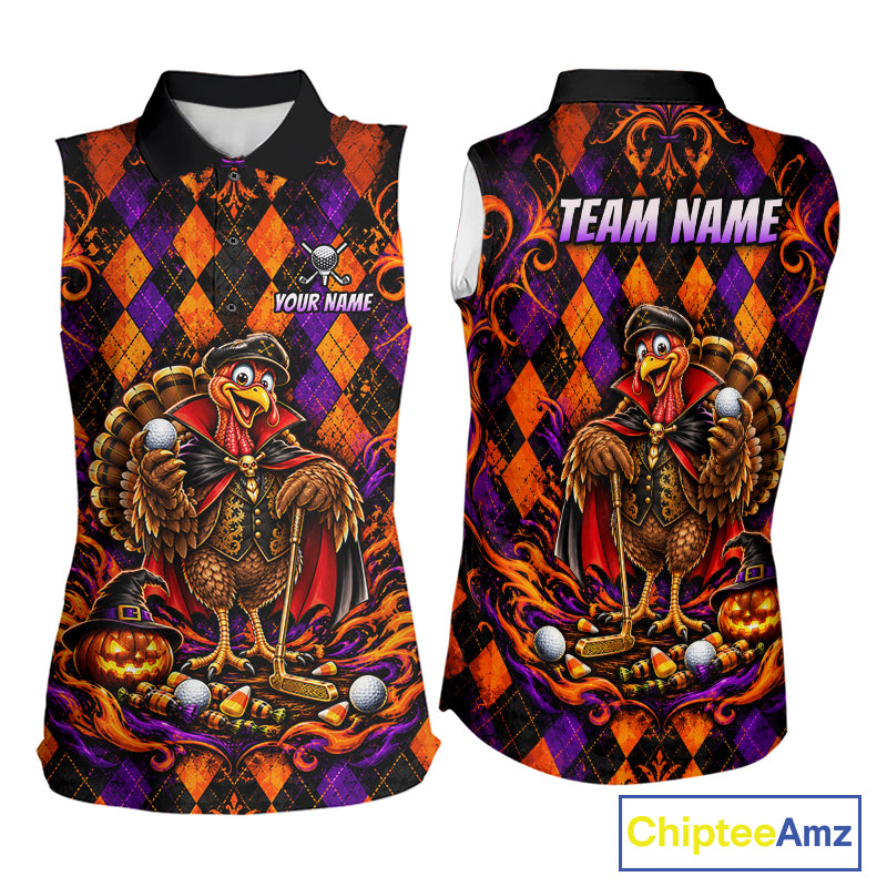 Custom Orange Purple Argyle Turkey Golf Sleeveless Polo Shirt For Women Funny Thanksgiving Golf Team Jersey NYN4934