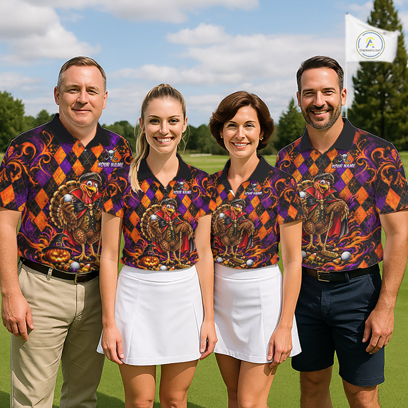 Custom Orange Purple Argyle Turkey Golf Polo Shirt For Men Funny Thanksgiving Golf Team Jersey NYN4934