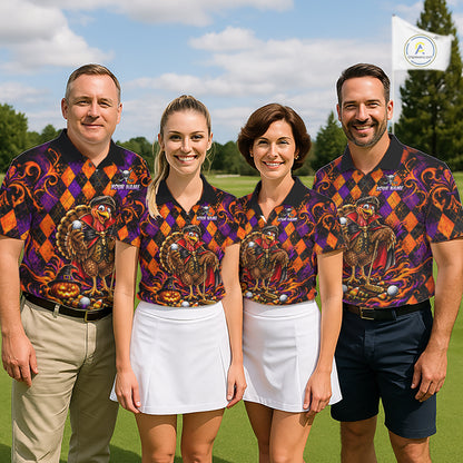 Custom Orange Purple Argyle Turkey Golf Polo Shirt For Men Funny Thanksgiving Golf Team Jersey NYN4934