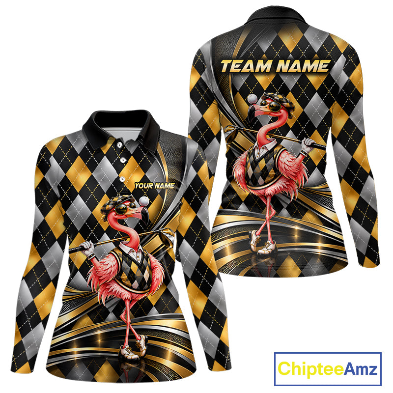 Cool Flamingo Golfer Jersey Custom Black Gold Argyle Golf Polo Shirt Funny Golf Apparel For Women NYN4937