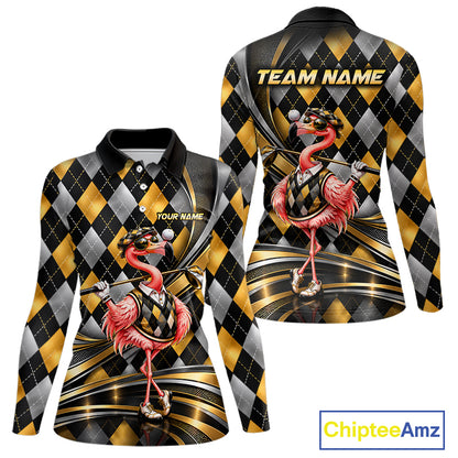 Cool Flamingo Golfer Jersey Custom Black Gold Argyle Golf Polo Shirt Funny Golf Apparel For Women NYN4937