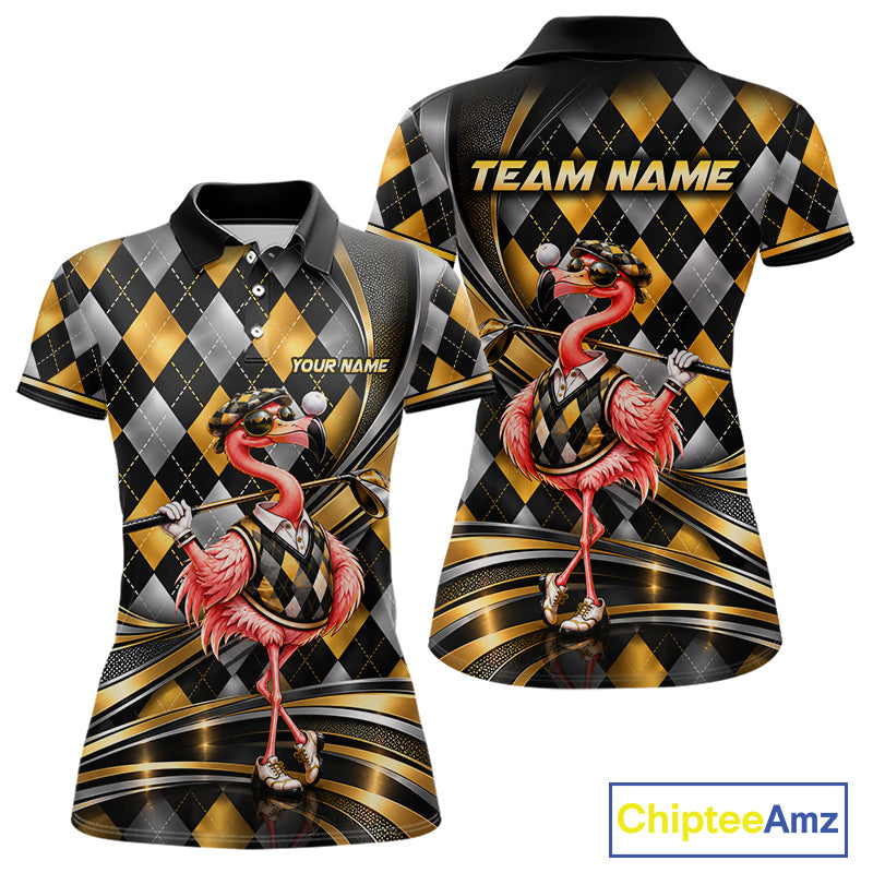 Cool Flamingo Golfer Jersey Custom Black Gold Argyle Golf Polo Shirt Funny Golf Apparel For Women NYN4937