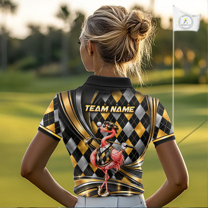 Cool Flamingo Golfer Jersey Custom Black Gold Argyle Golf Polo Shirt Funny Golf Apparel For Women NYN4937