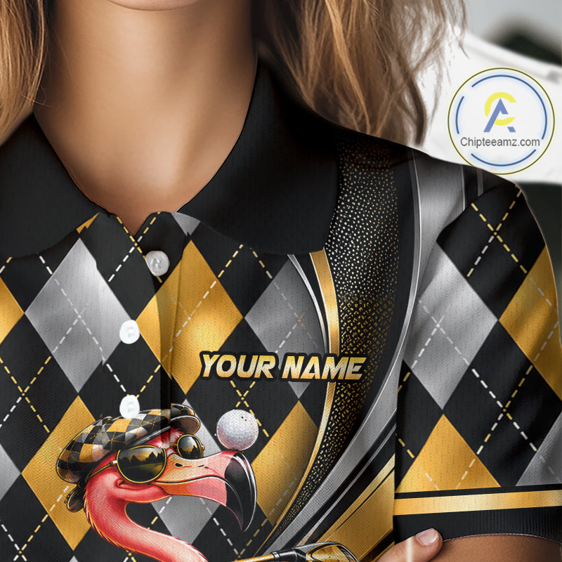 Cool Flamingo Golfer Jersey Custom Black Gold Argyle Golf Polo Shirt Funny Golf Apparel For Women NYN4937