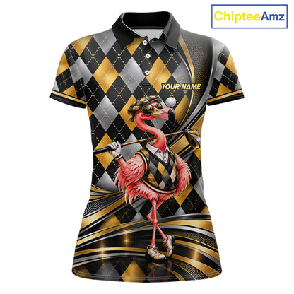 Cool Flamingo Golfer Jersey Custom Black Gold Argyle Golf Polo Shirt Funny Golf Apparel For Women NYN4937