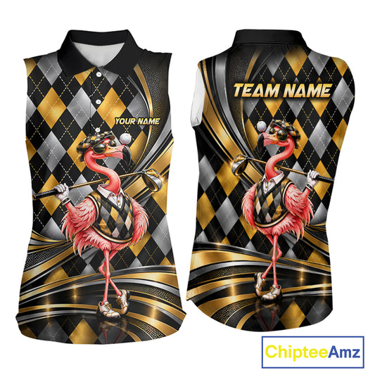 Cool Flamingo Golfer Jersey Custom Black Gold Argyle Golf Sleeveless Polo Shirt Funny Golf Apparel For Women NYN4937