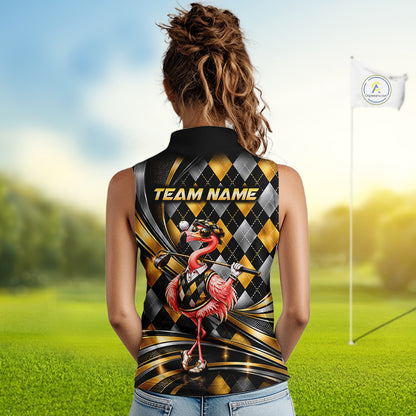 Cool Flamingo Golfer Jersey Custom Black Gold Argyle Golf Sleeveless Polo Shirt Funny Golf Apparel For Women NYN4937