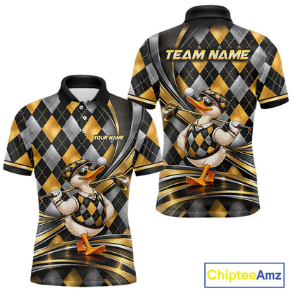 Cool Duck Golfer Jersey Custom Black Gold Argyle Golf Polo Shirt Funny Golf Apparel For Men NYN4938