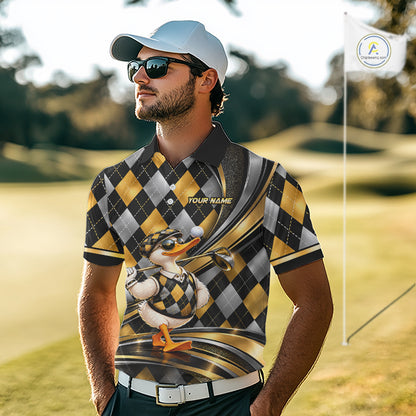 Cool Duck Golfer Jersey Custom Black Gold Argyle Golf Polo Shirt Funny Golf Apparel For Men NYN4938