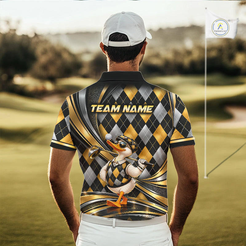 Cool Duck Golfer Jersey Custom Black Gold Argyle Golf Polo Shirt Funny Golf Apparel For Men NYN4938