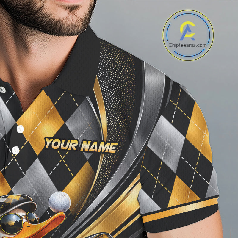 Cool Duck Golfer Jersey Custom Black Gold Argyle Golf Polo Shirt Funny Golf Apparel For Men NYN4938