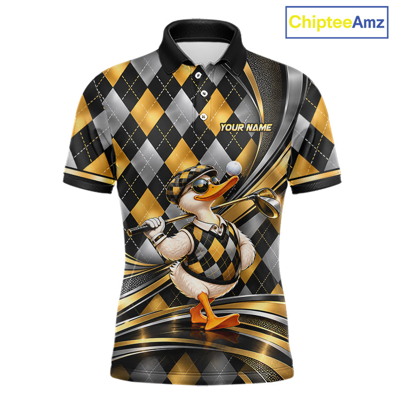 Cool Duck Golfer Jersey Custom Black Gold Argyle Golf Polo Shirt Funny Golf Apparel For Men NYN4938