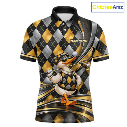 Cool Duck Golfer Jersey Custom Black Gold Argyle Golf Polo Shirt Funny Golf Apparel For Men NYN4938
