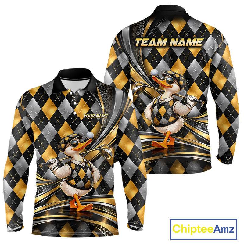 Cool Duck Golfer Jersey Custom Black Gold Argyle Golf Polo Shirt Funny Golf Apparel For Men NYN4938