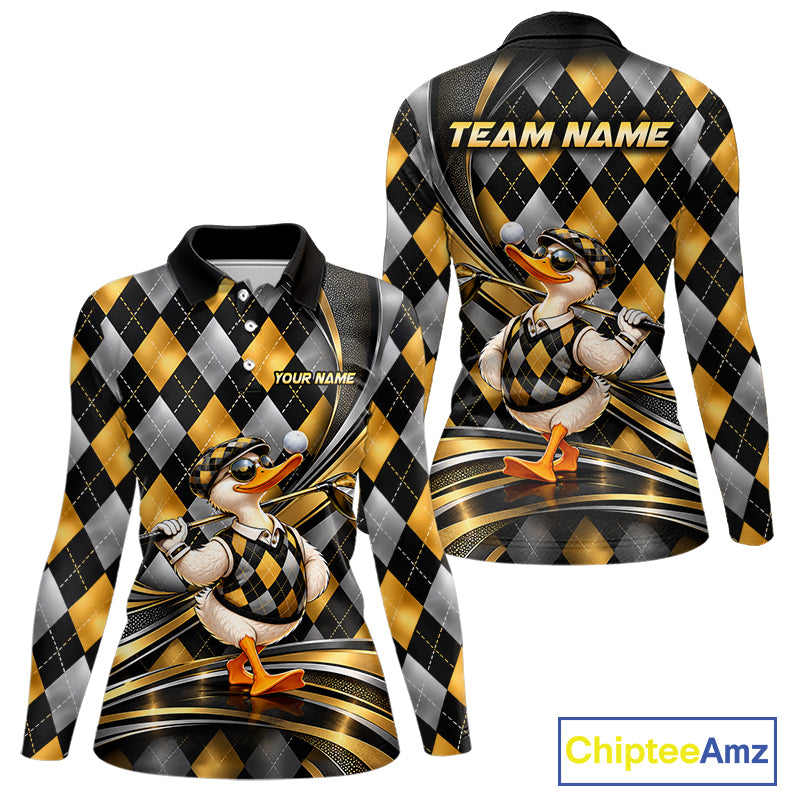 Cool Duck Golfer Jersey Custom Black Gold Argyle Golf Polo Shirt Funny Golf Apparel For Women NYN4938