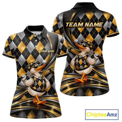 Cool Duck Golfer Jersey Custom Black Gold Argyle Golf Polo Shirt Funny Golf Apparel For Women NYN4938