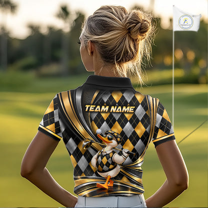 Cool Duck Golfer Jersey Custom Black Gold Argyle Golf Polo Shirt Funny Golf Apparel For Women NYN4938