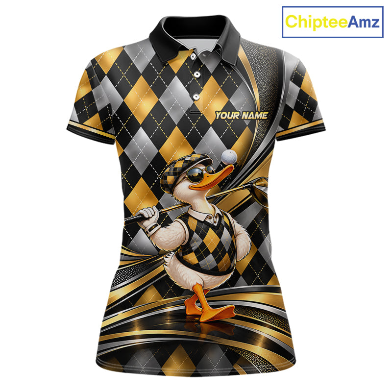 Cool Duck Golfer Jersey Custom Black Gold Argyle Golf Polo Shirt Funny Golf Apparel For Women NYN4938