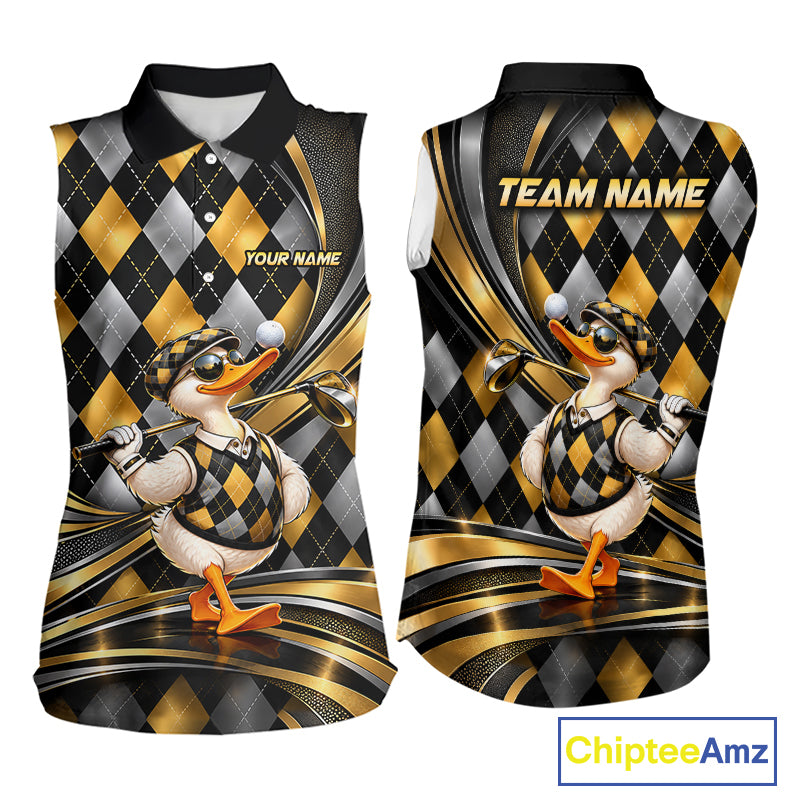 Cool Duck Golfer Jersey Custom Black Gold Argyle Golf Sleeveless Polo Shirt Funny Golf Apparel For Women NYN4938