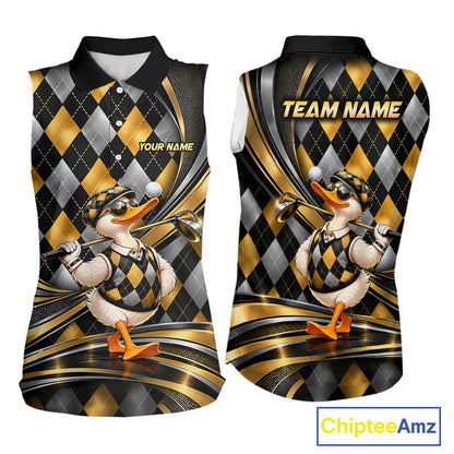 Cool Duck Golfer Jersey Custom Black Gold Argyle Golf Sleeveless Polo Shirt Funny Golf Apparel For Women NYN4938