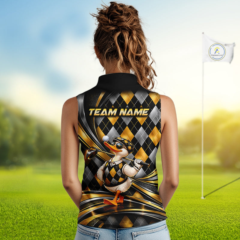 Cool Duck Golfer Jersey Custom Black Gold Argyle Golf Sleeveless Polo Shirt Funny Golf Apparel For Women NYN4938