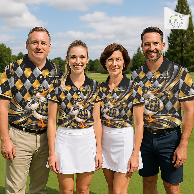 Cool Duck Golfer Jersey Custom Black Gold Argyle Golf Polo Shirt Funny Golf Apparel For Men NYN4938