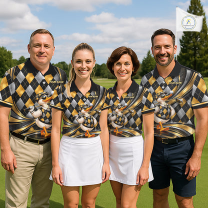 Cool Duck Golfer Jersey Custom Black Gold Argyle Golf Polo Shirt Funny Golf Apparel For Men NYN4938