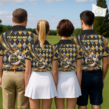 Cool Duck Golfer Jersey Custom Black Gold Argyle Golf Polo Shirt Funny Golf Apparel For Men NYN4938