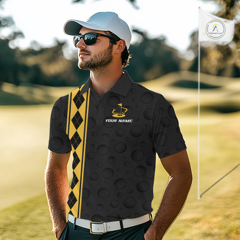 Yellow Argyle Golf Polo Shirt Custom Name Golf Shirt For Men Golf Ball Argyle Golf Team Shirts NYN4164