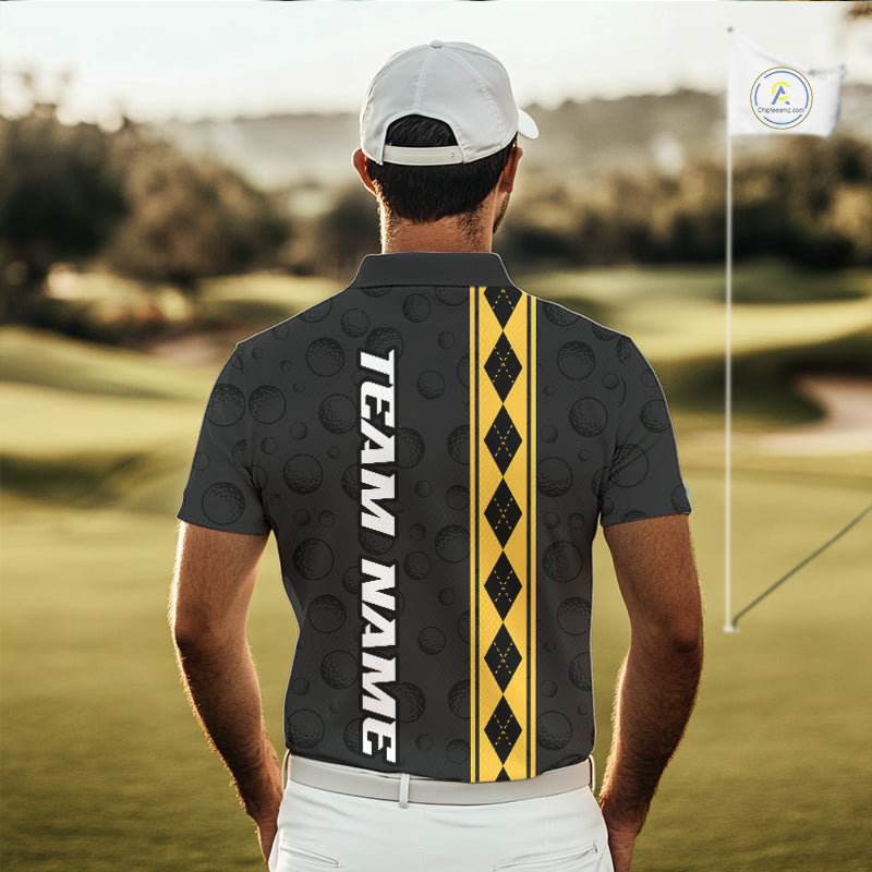Yellow Argyle Golf Polo Shirt Custom Name Golf Shirt For Men Golf Ball Argyle Golf Team Shirts NYN4164