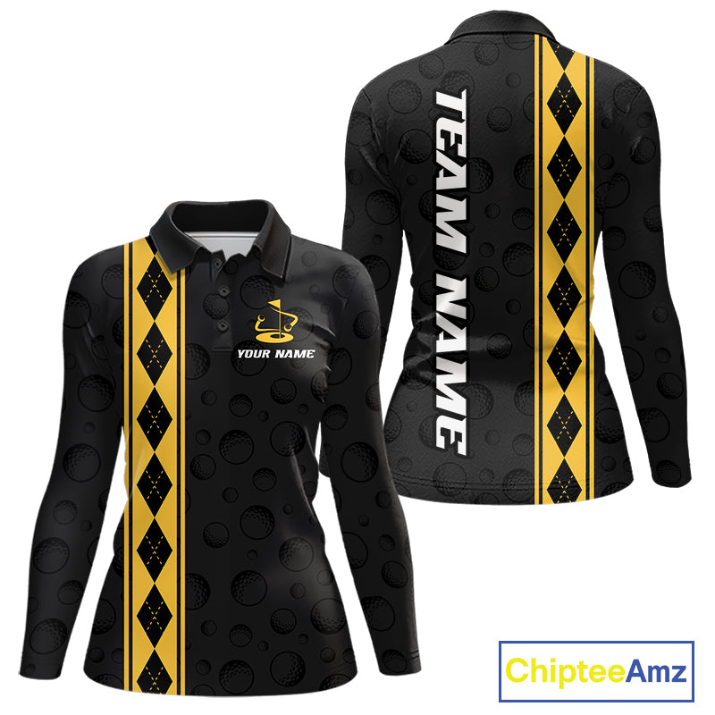 Yellow Argyle Golf Polo Shirt Custom Name Golf Shirt For Women Golf Ball Argyle Golf Team Shirts NYN4164