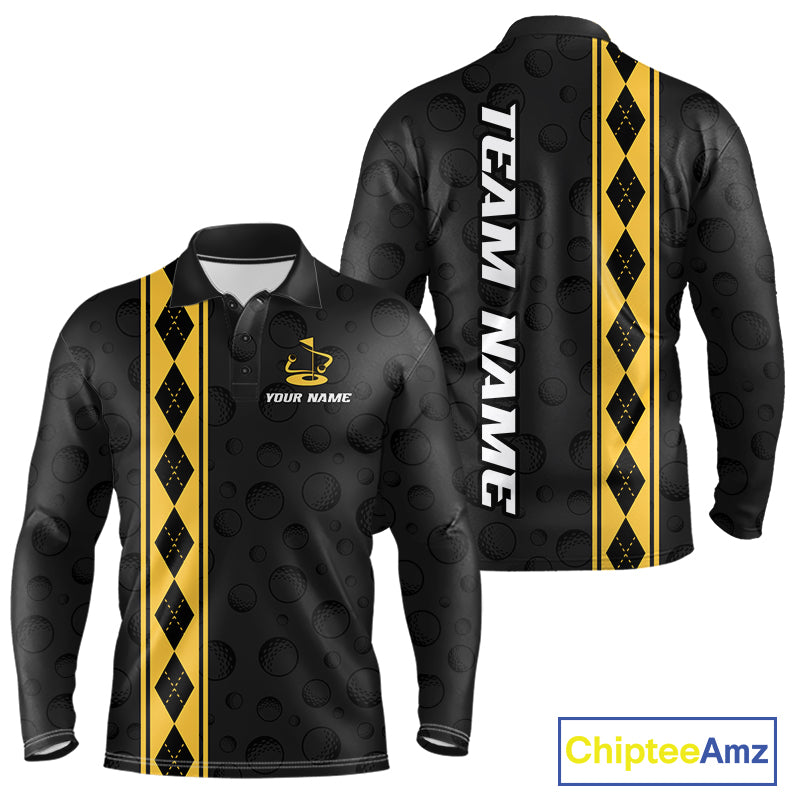 Yellow Argyle Golf Polo Shirt Custom Name Golf Shirt For Men Golf Ball Argyle Golf Team Shirts NYN4164