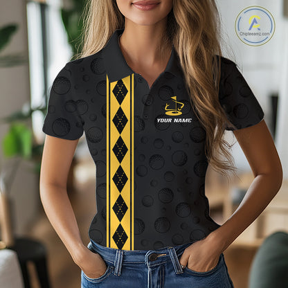 Yellow Argyle Golf Polo Shirt Custom Name Golf Shirt For Women Golf Ball Argyle Golf Team Shirts NYN4164