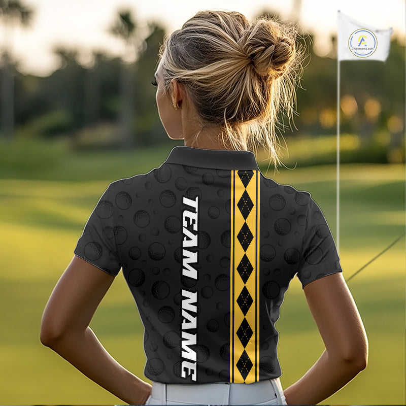 Yellow Argyle Golf Polo Shirt Custom Name Golf Shirt For Women Golf Ball Argyle Golf Team Shirts NYN4164