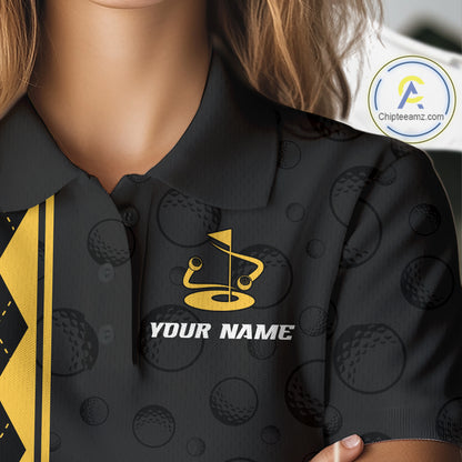 Yellow Argyle Golf Polo Shirt Custom Name Golf Shirt For Women Golf Ball Argyle Golf Team Shirts NYN4164