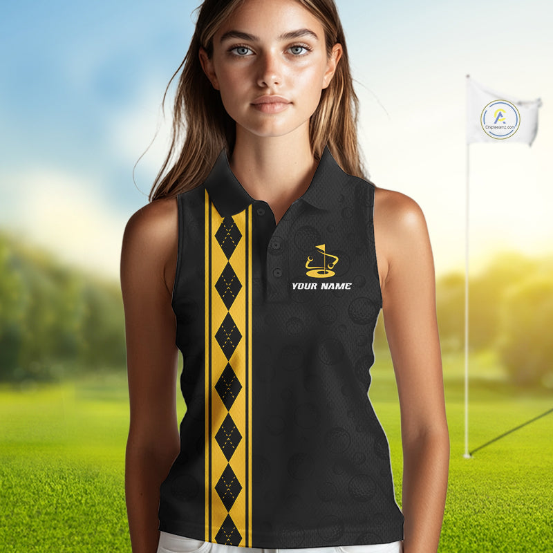 Yellow Argyle Golf Sleeveless Polo Shirt Custom Name Golf Shirt For Women Golf Ball Argyle Golf Team Shirts NYN4164