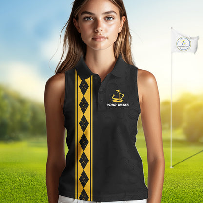 Yellow Argyle Golf Sleeveless Polo Shirt Custom Name Golf Shirt For Women Golf Ball Argyle Golf Team Shirts NYN4164