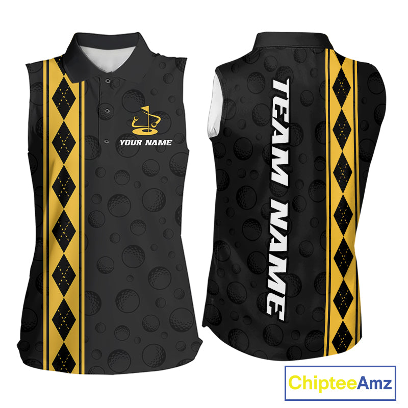 Yellow Argyle Golf Sleeveless Polo Shirt Custom Name Golf Shirt For Women Golf Ball Argyle Golf Team Shirts NYN4164