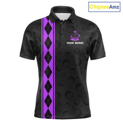 Purple Argyle Golf Polo Shirt Custom Name Golf Shirt For Men Golf Ball Argyle Golf Team Shirts NYN4165