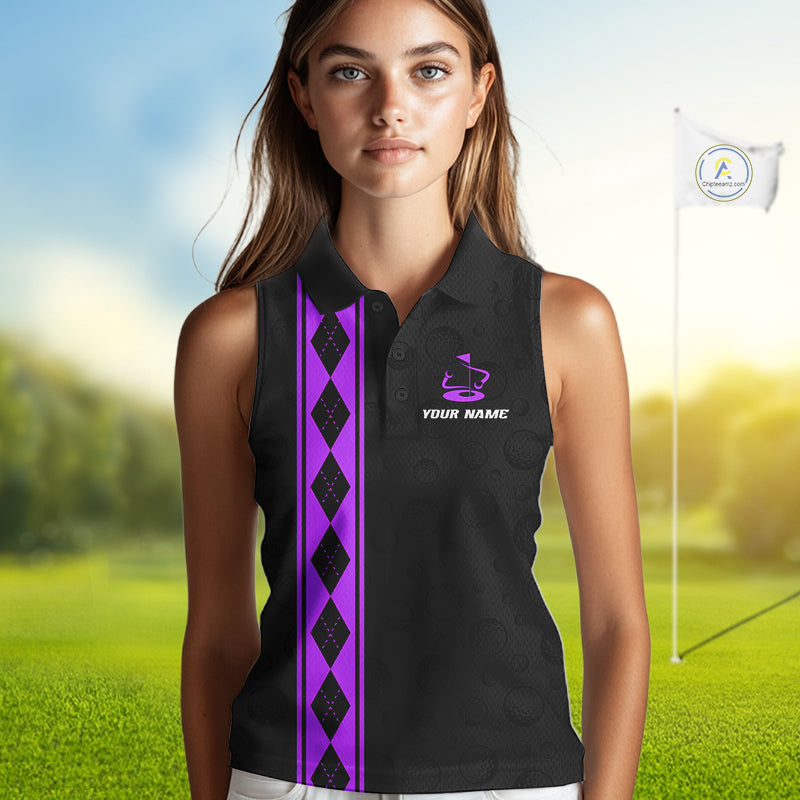 Purple Argyle Golf Sleeveless Polo Shirt Custom Name Golf Shirt For Women Golf Ball Argyle Golf Team Shirts NYN4165
