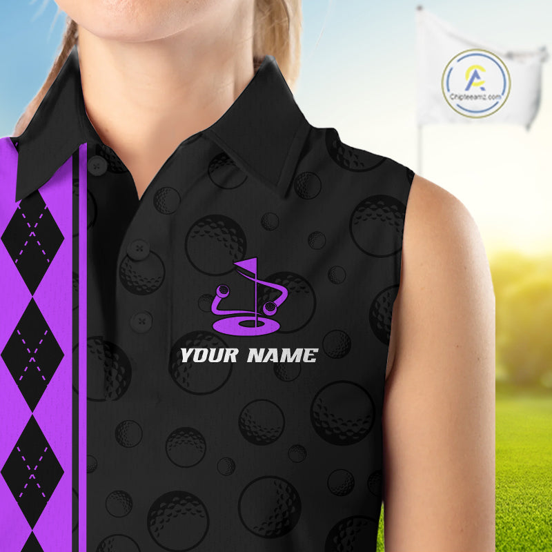 Purple Argyle Golf Sleeveless Polo Shirt Custom Name Golf Shirt For Women Golf Ball Argyle Golf Team Shirts NYN4165