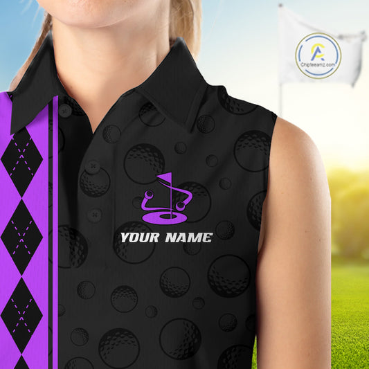 Purple Argyle Golf Sleeveless Polo Shirt Custom Name Golf Shirt For Women Golf Ball Argyle Golf Team Shirts NYN4165