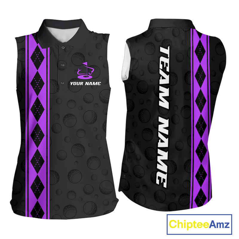 Purple Argyle Golf Sleeveless Polo Shirt Custom Name Golf Shirt For Women Golf Ball Argyle Golf Team Shirts NYN4165